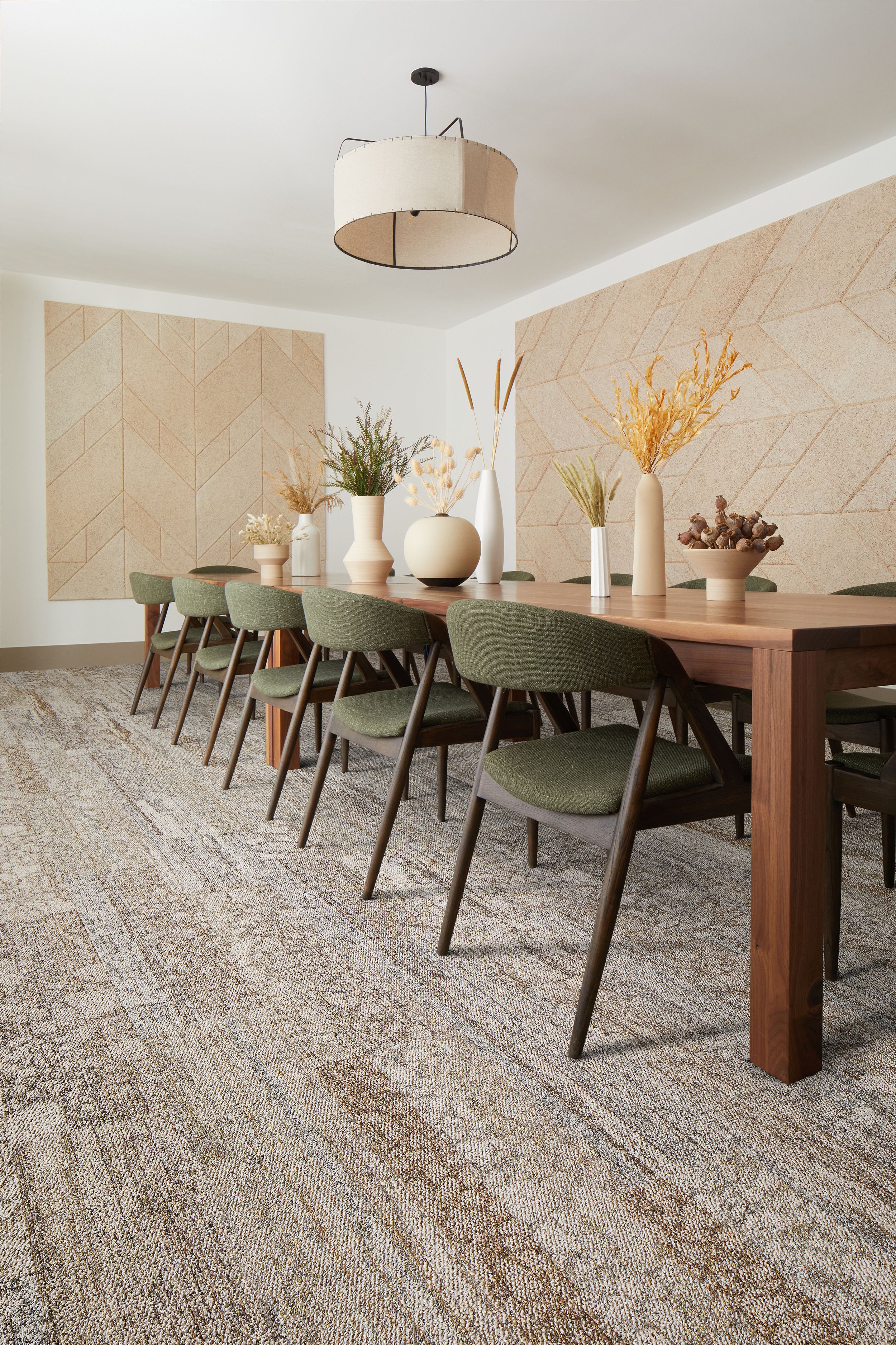Interface Eben plank carpet tile in dining area with long wood table and upholstered chairs image number 6