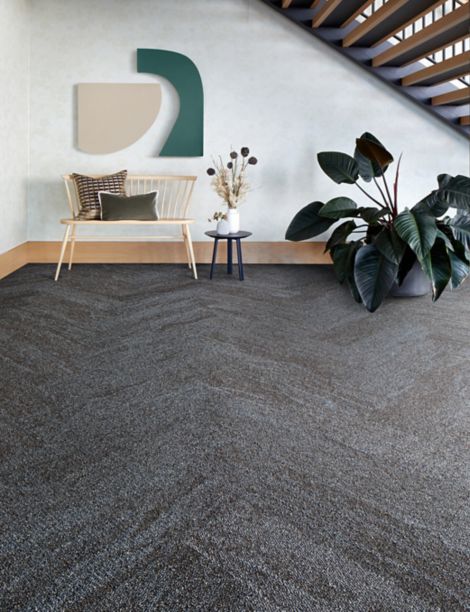 Interface Mesa plank carpet tile  in a lobby with seating and large plant