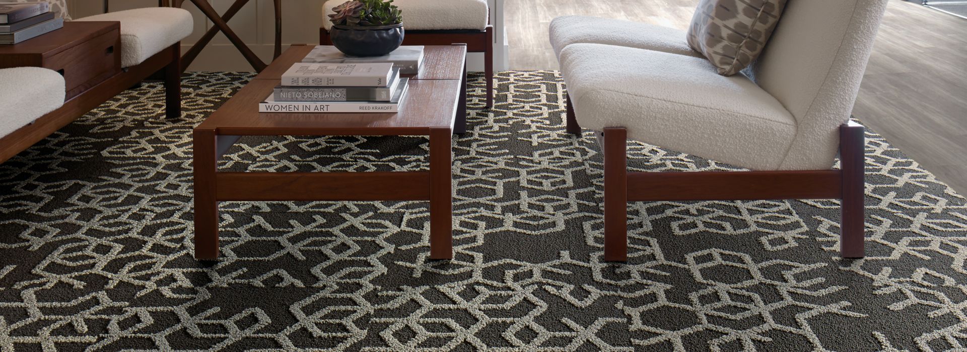 Interface Bee's Knees carpet tile and LVT in seating area image number 1