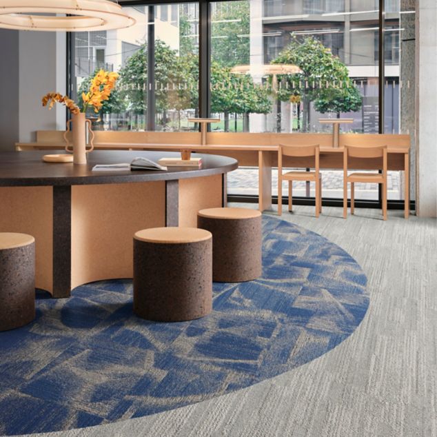 Interface Overtone carpet tile with Soft Measure plank carpet tile in workplace collaborative area