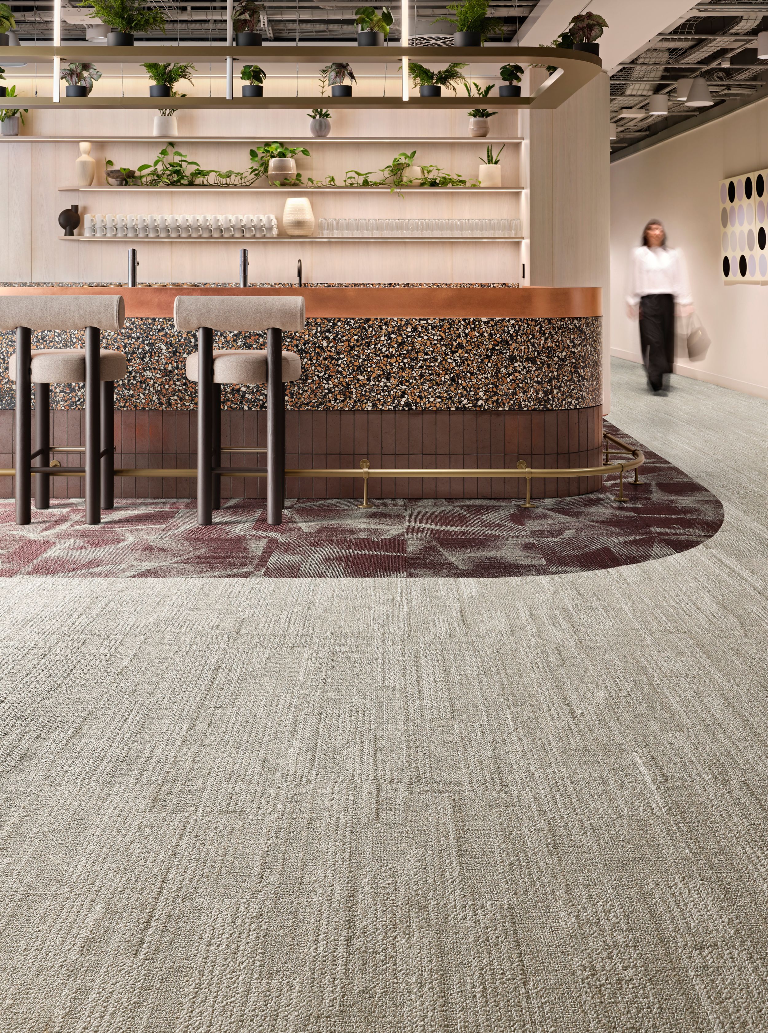 Interface Overtone carpet tile with Soft Measure plank carpet tile in workplace bar/break area image number 7