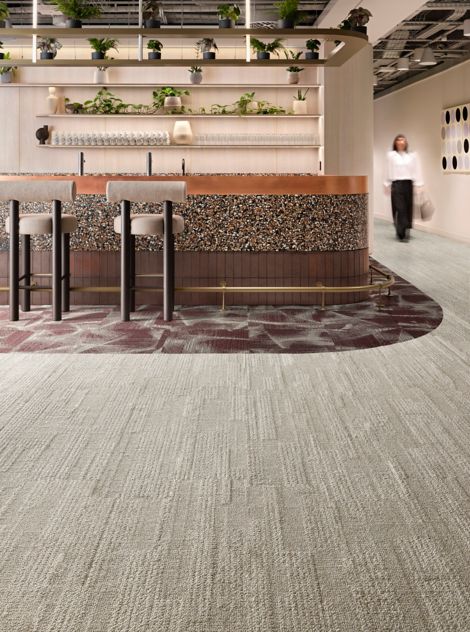 Interface Overtone carpet tile with Soft Measure plank carpet tile in workplace bar/break area image number 7