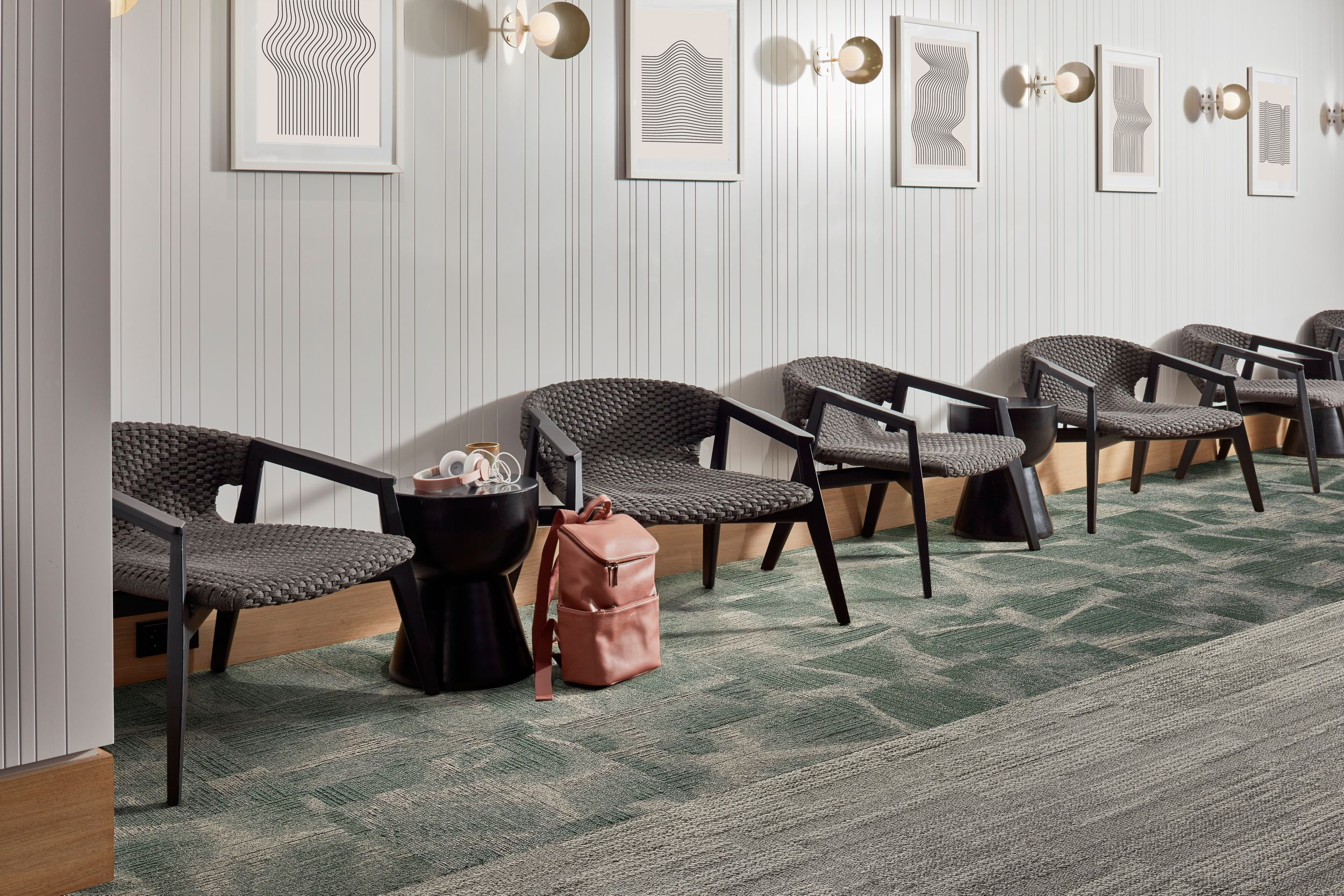 Interface Overtone carpet tile with Soft Measure plank carpet tile in workplace seating area image number 4