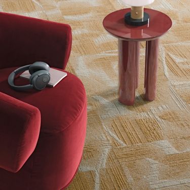 Interface Overtone carpet tile in workplace seating area with headphones on chair image number 2
