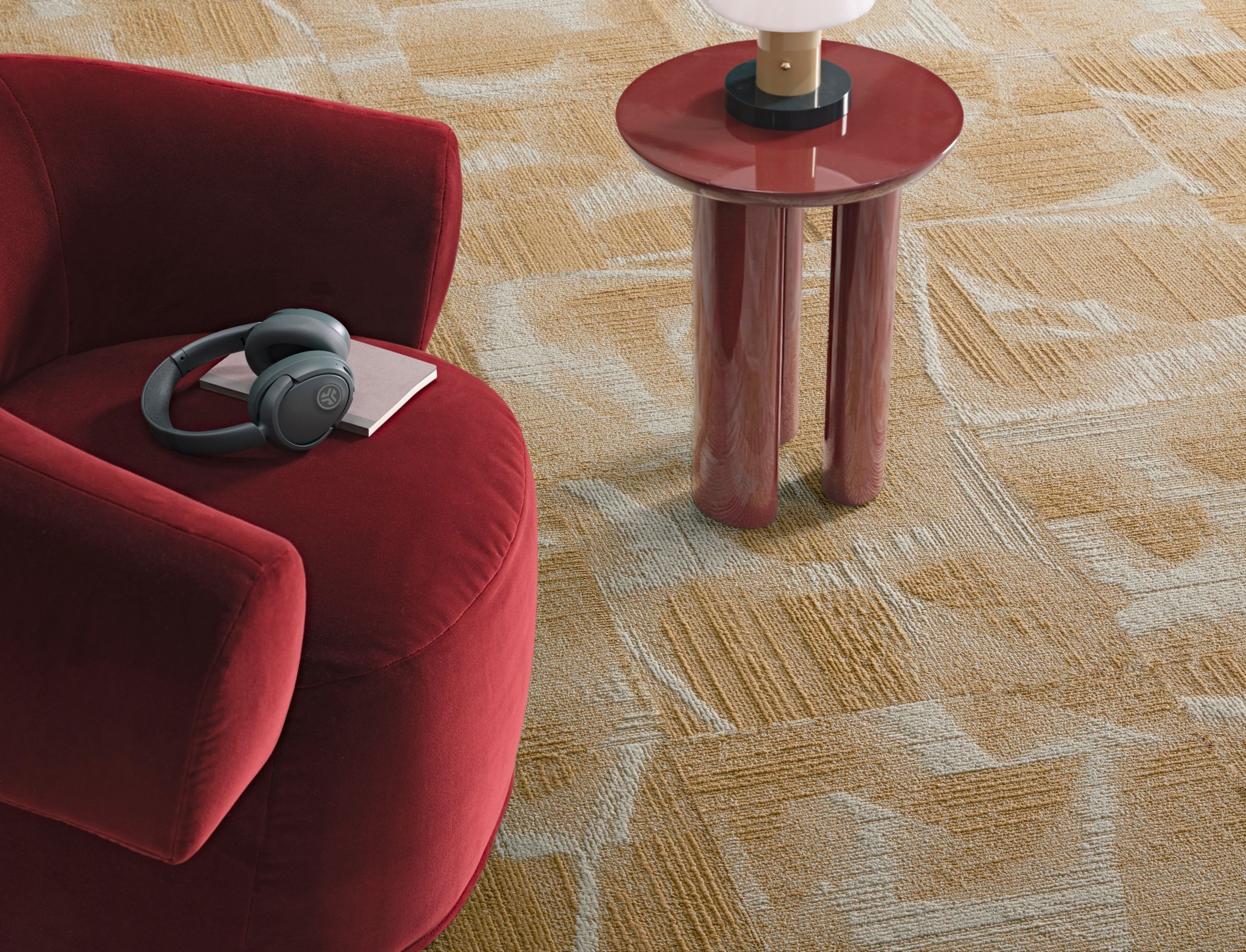 Interface Overtone carpet tile in workplace seating area with headphones on chair image number 2