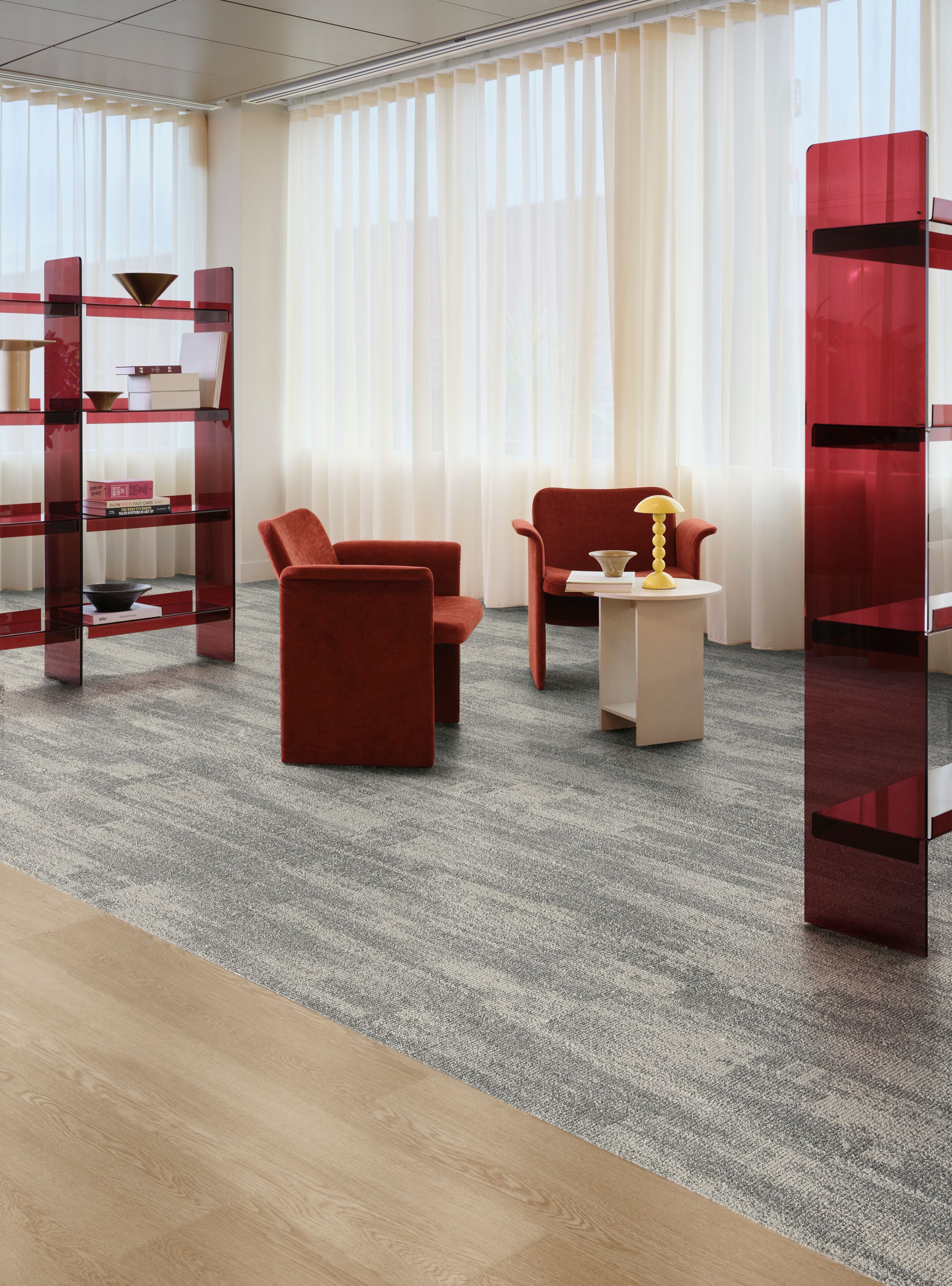 Interface Tempo Trace plank carpet tile with Northern Grain plank LVT in workplace collaborative space image number 5