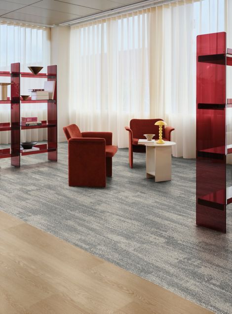 Interface Tempo Trace plank carpet tile with Northern Grain plank LVT in workplace collaborative space image number 5