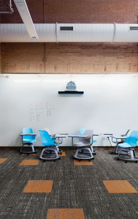 Interface Bitrate plank carpet tile and Ice Breaker carpet tile in classroom image number 7