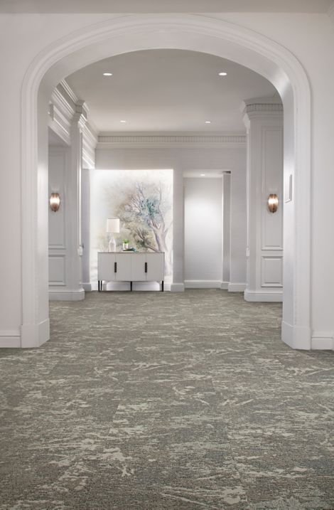 Interface Bouquet plank carpet tile in seating area with tall, multi-paned window image number 3