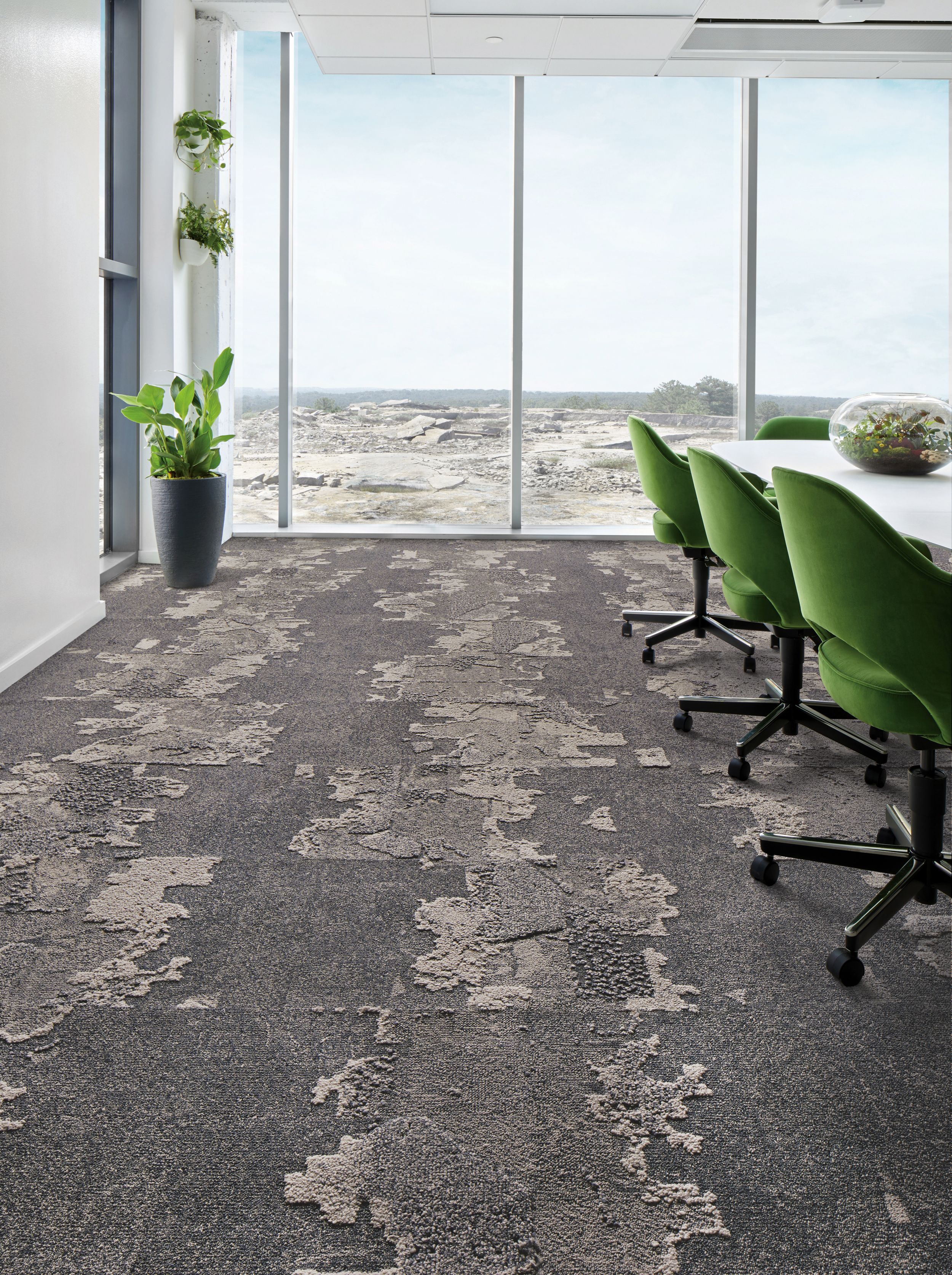 Interface Bridge Creek carpet tile in meeting room with green chairs, plants and large windows image number 1