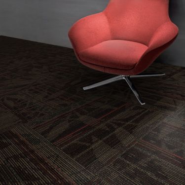 Interface Broadleaf Loop carpet tile with red chaiir