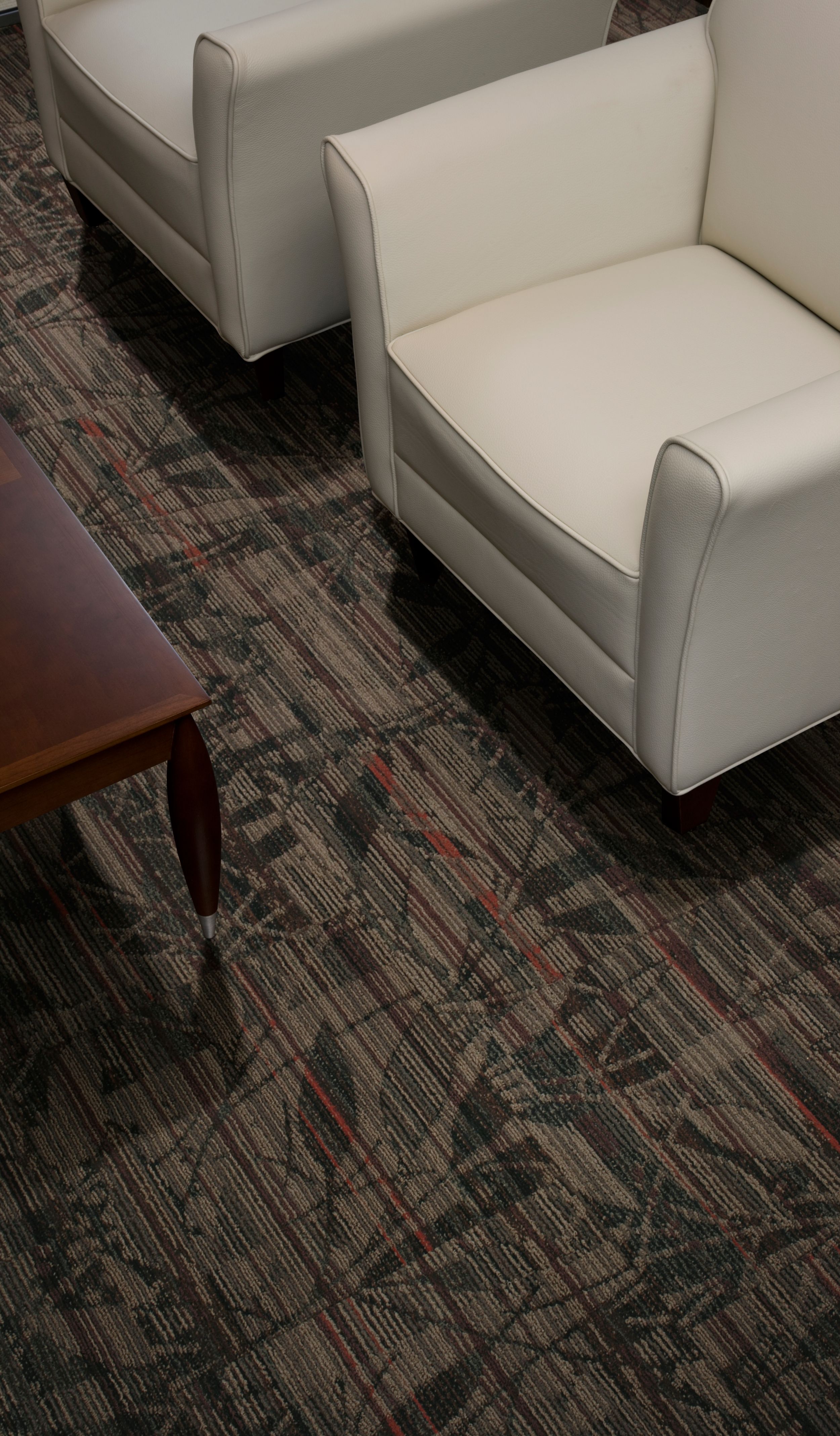 Interface Broadleaf carpet tile in seating area with two cream chairs and wood table image number 9