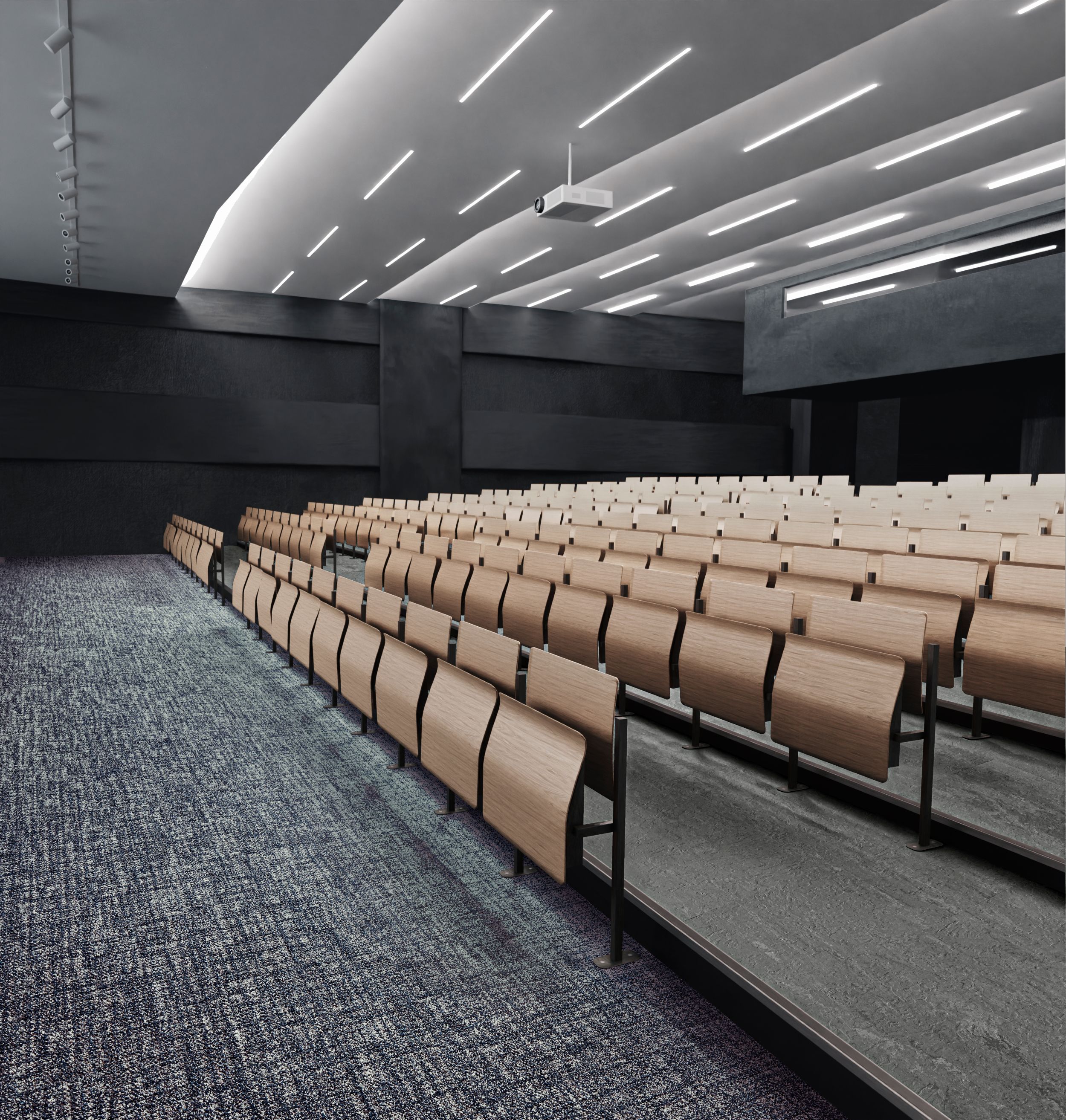 Interface C551 plank carpet tile with norament arago rubber flooring in space with theater seating image number 7