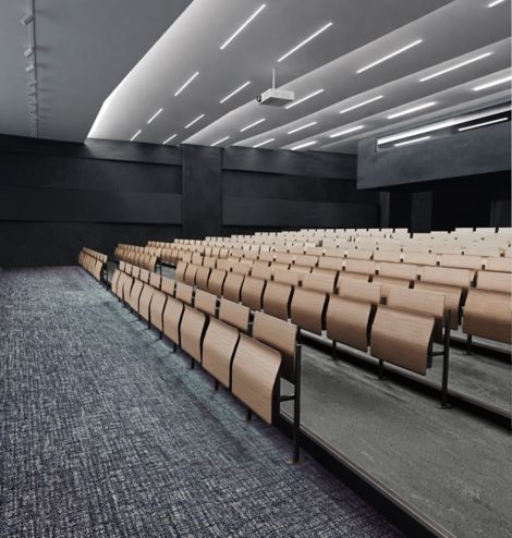 Interface C551 plank carpet tile with norament arago rubber flooring in space with theater seating image number 7