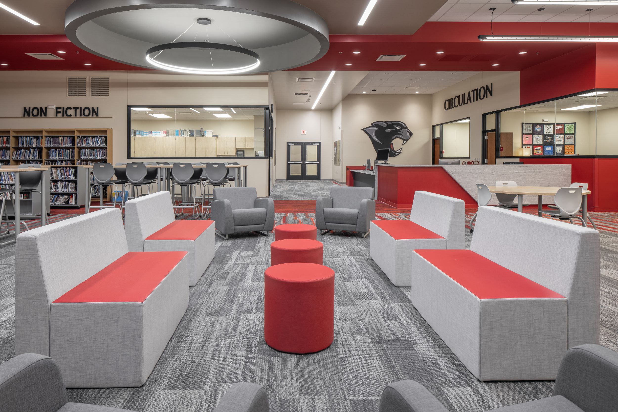 Interface AE311 plank carpet tile in school library with seating image number 11