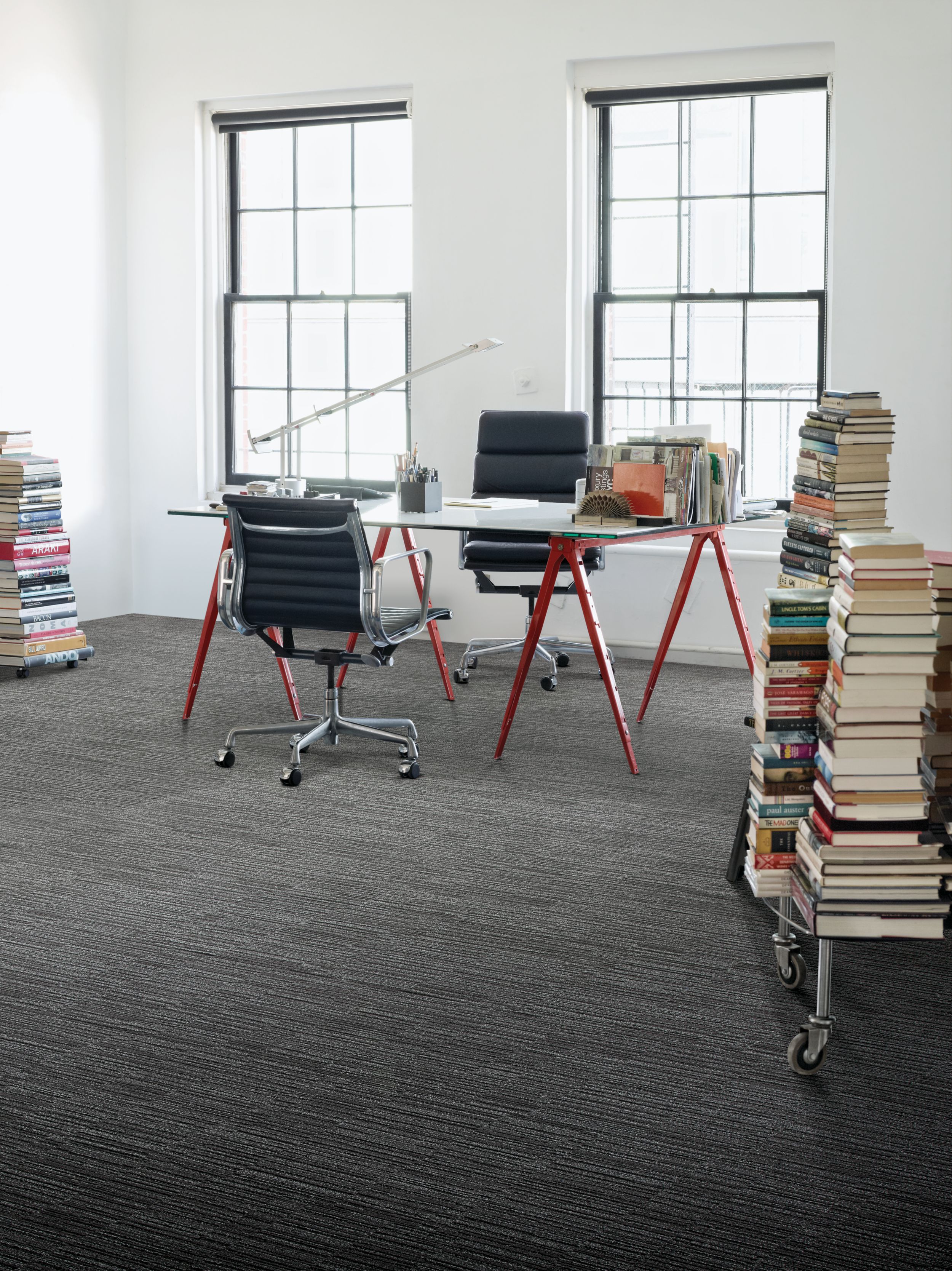 Interface CT102 carpet tile in private office with stacks of books image number 1