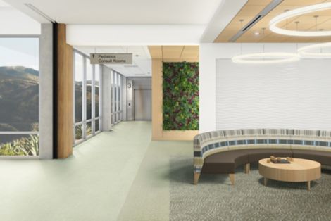 Interface Cactus Makes Perfect and Plant-astic LVT with Prickly Pear plank carpet tile in healthcare waiting area with curved seating imagen número 6