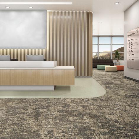 Interface Cactus Makes Perfect LVT and Just Deserts plank carpet tile in reception and waiting area