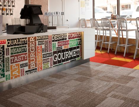 Interface Cambria, Monochrome, Viva Colores and Super Flor carpet tile in coffee shop