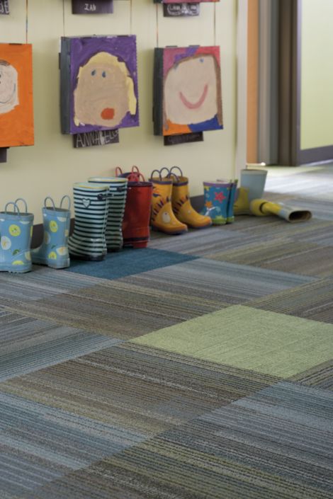 Interface Chenille Warp and Syncopation carpet tile in K-12 corridor