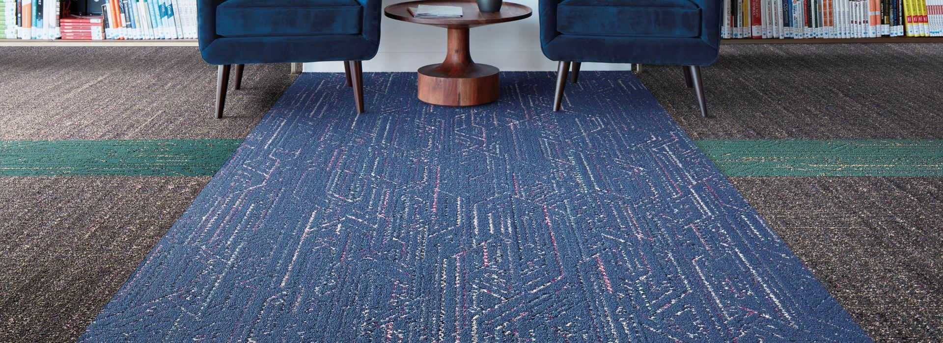 Interface Circuit Board and Static Lines plank carpet tile in design library with two chairs