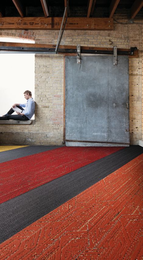 Interface Circuit Board and Plain Stitch plank carpet tile in modern office building with man seated