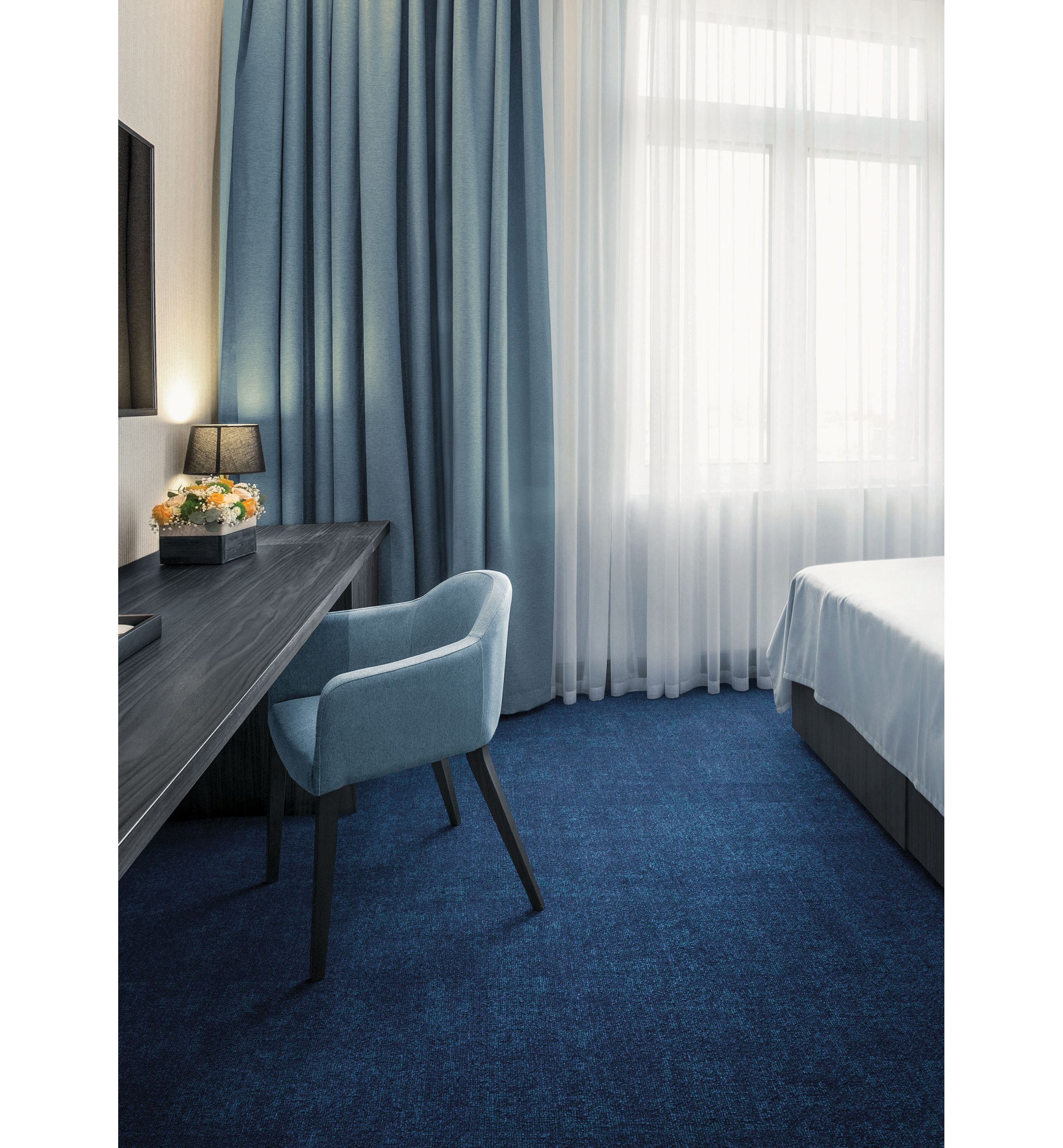 Interface Cloud Cover carpet tile in hotel guest room with chair and desk image number 6