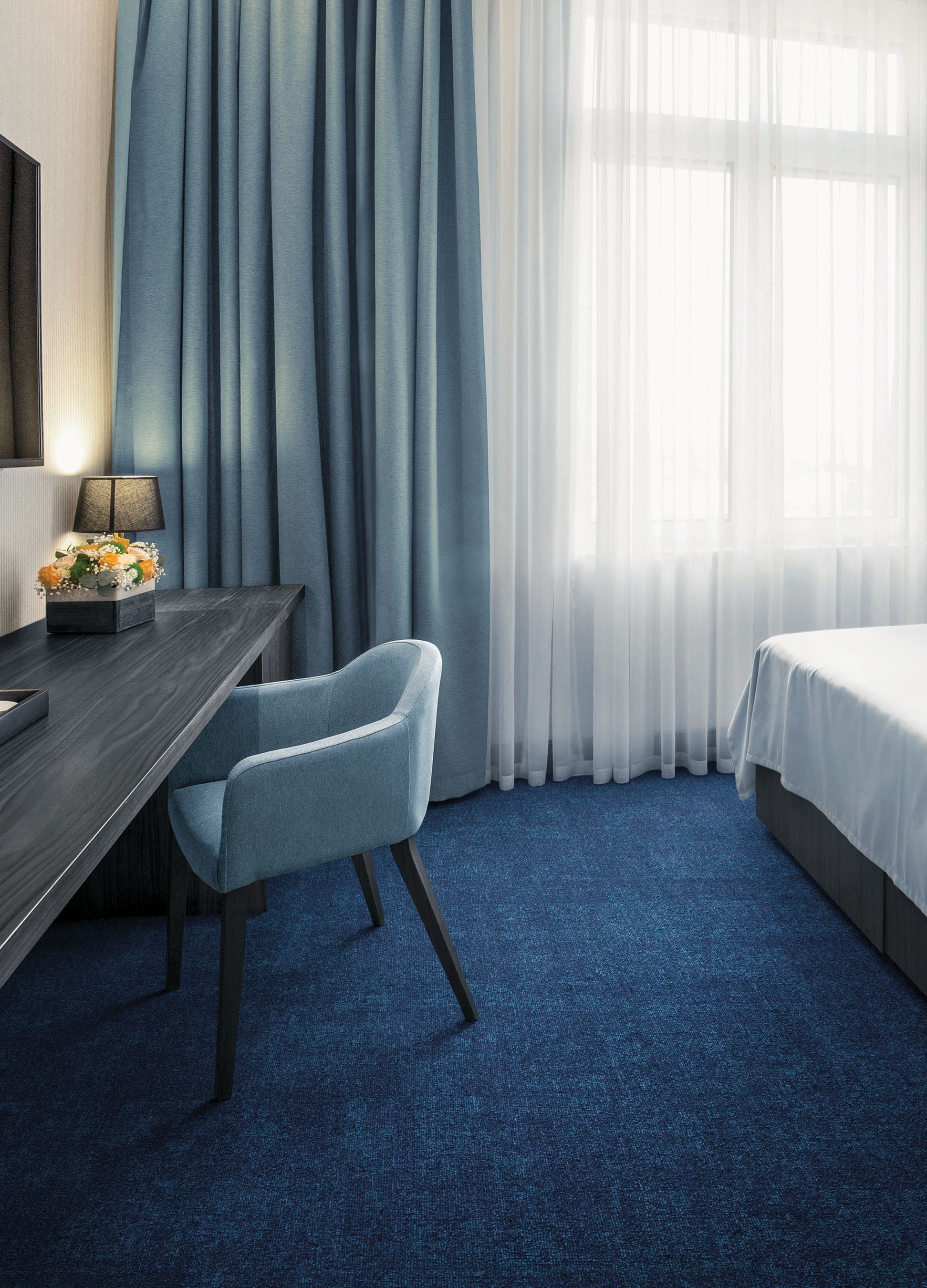 Interface Cloud Cover carpet tile in hotel guest room with chair and desk image number 12