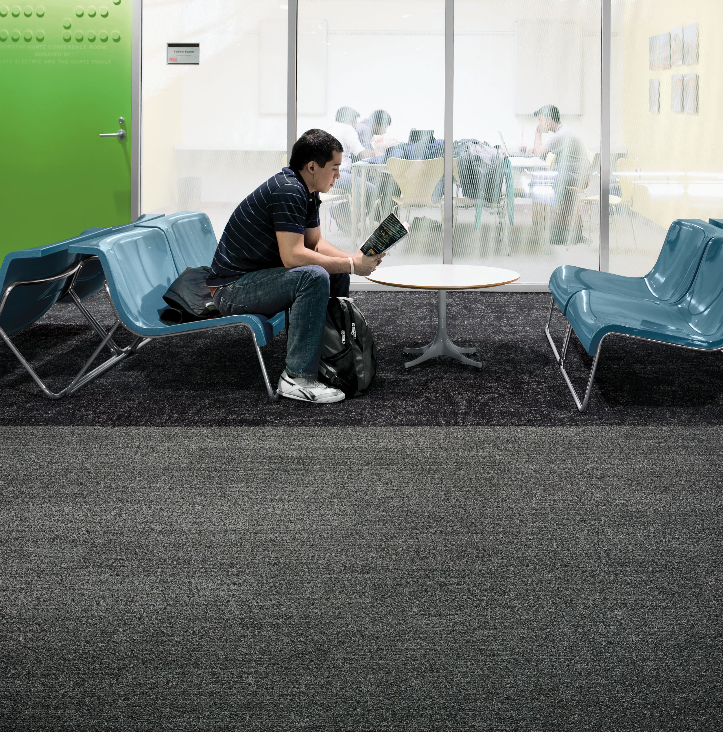 Interface Harmonize and Cloud Cover carpet tiles in student social area with student reading book image number 7