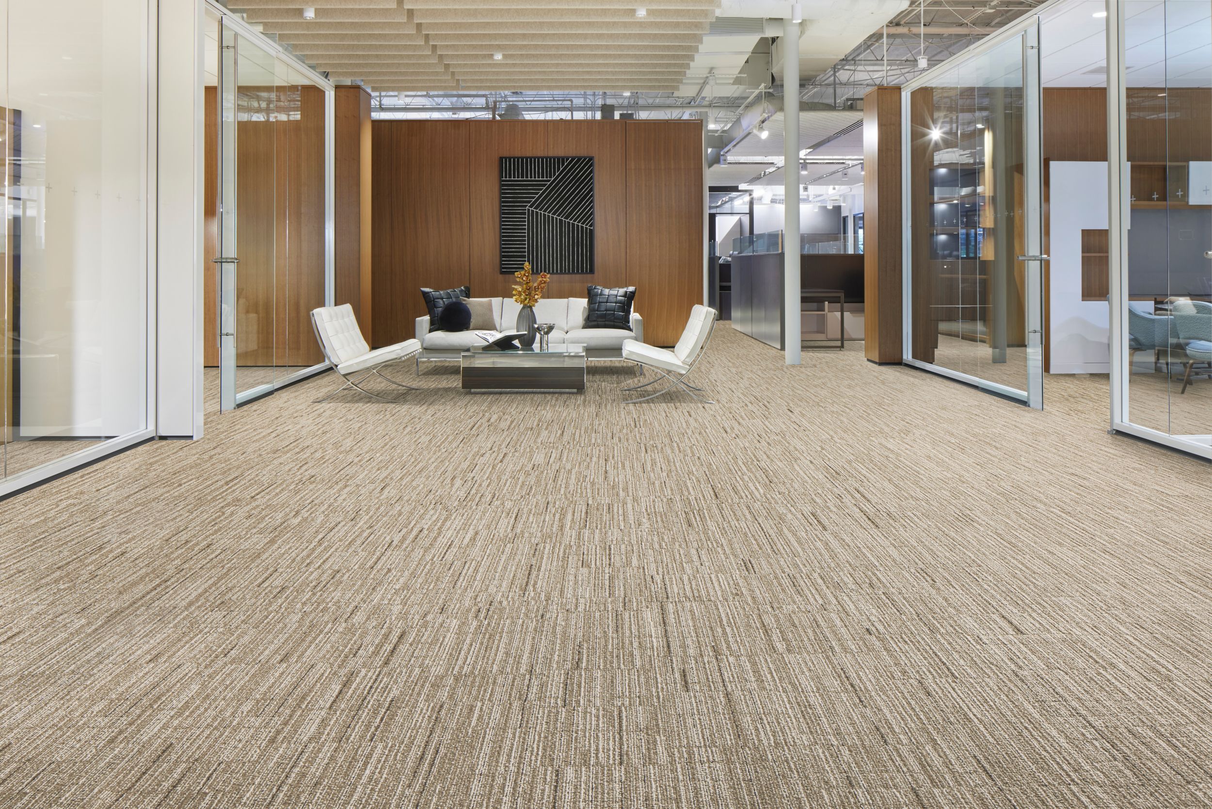 Interface Comes Around and Goes Around plank carpet tile in workplace lobby image number 5