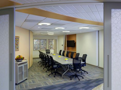 Interface Happening carpet tile in meeting room at Arlington Medical Facility