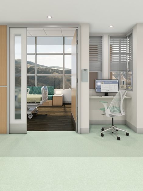 Interface's Spike-tacular, Bloom with a View and Continual Woodgrains vinyl sheet in hospital corridor and patient room