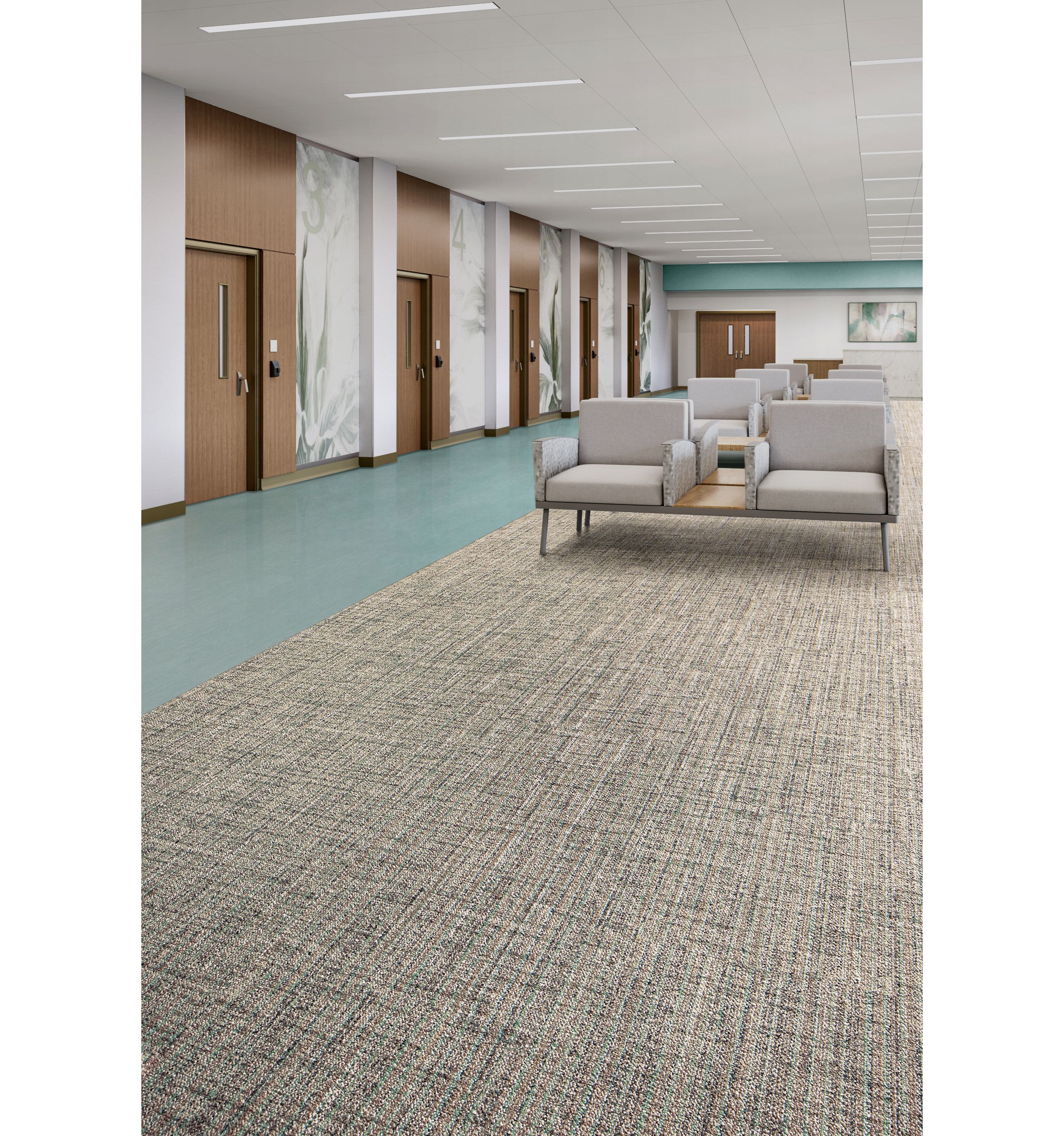 Interface Thread Lightly carpet tile with Brushed Lines plank LVT in healthcare waiting area num&eacute;ro d&rsquo;image 3