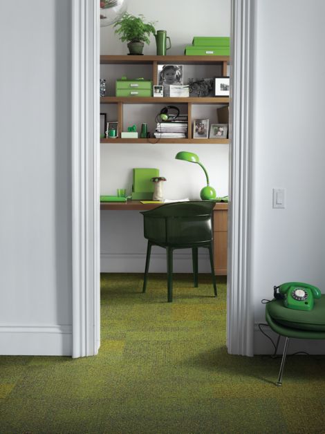 Interface Cubic Colours carpet tile in office with lime green lamp and phone