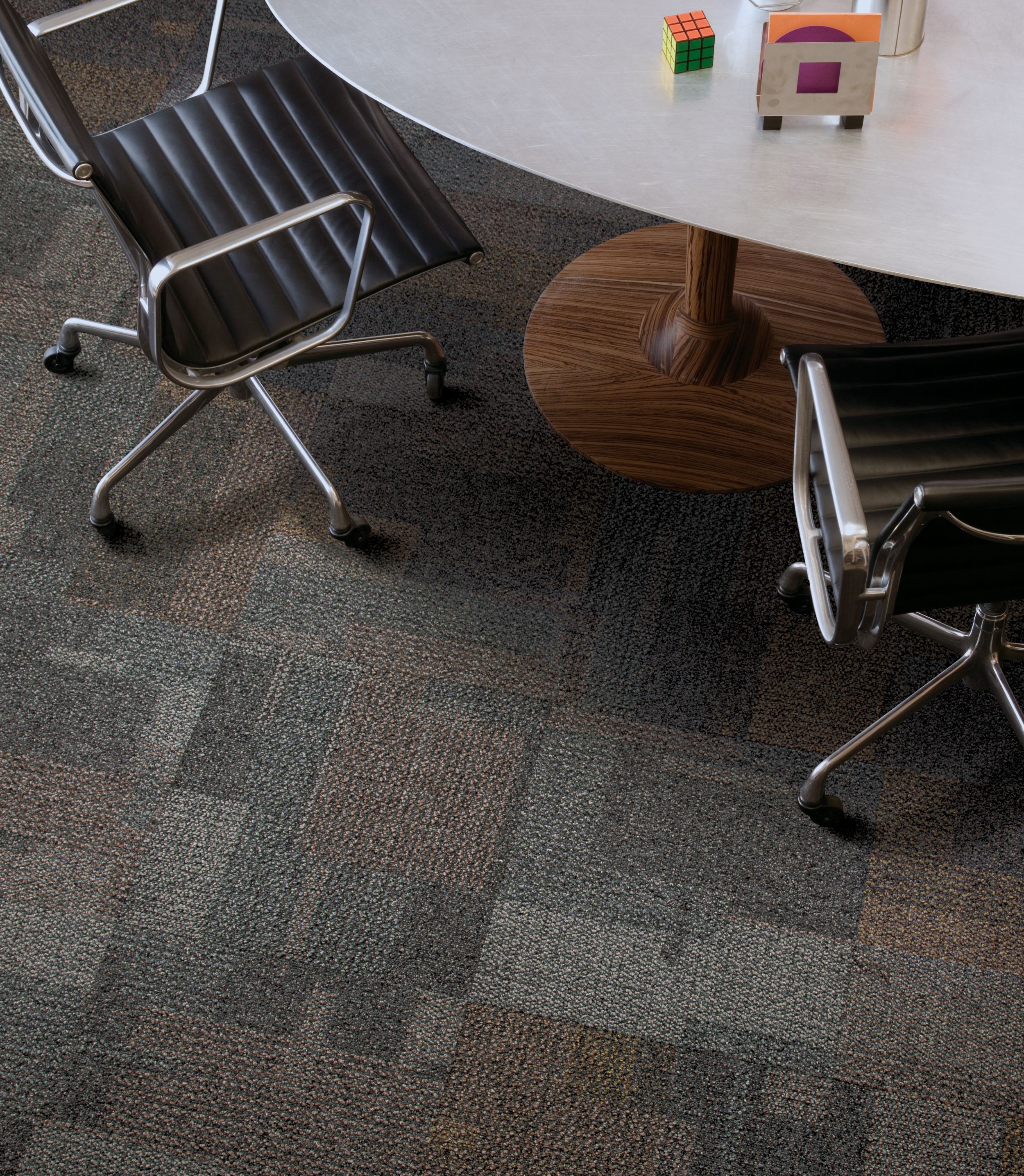 Top down view of Interface Cubic carpet tile with table and chair image number 9