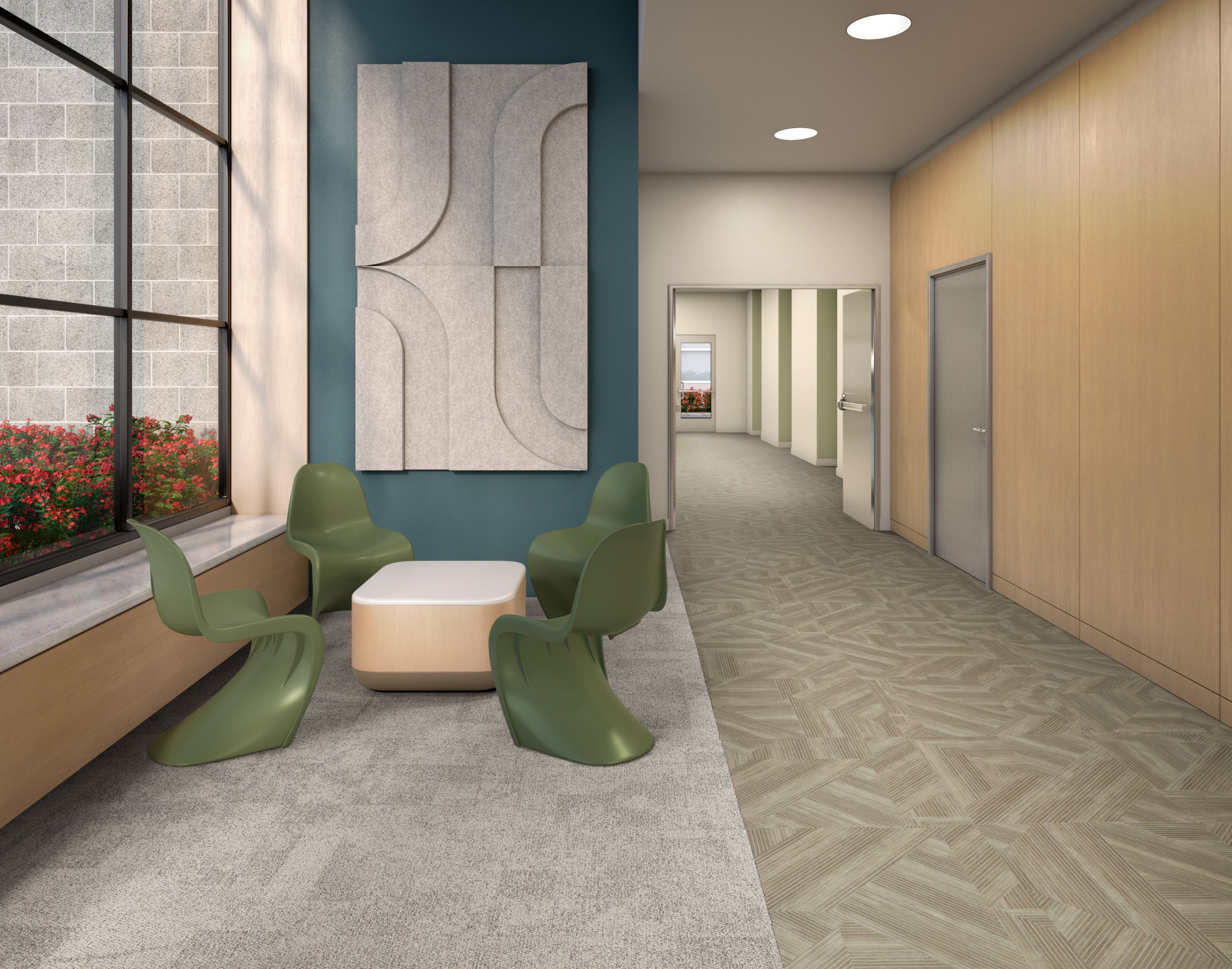 Interface Cut and Form LVT with Open Air 404 carpet tile in workplace corridor and seating area image number 5