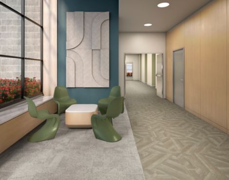Interface Cut and Form LVT with Open Air 404 carpet tile in workplace corridor and seating area image number 5