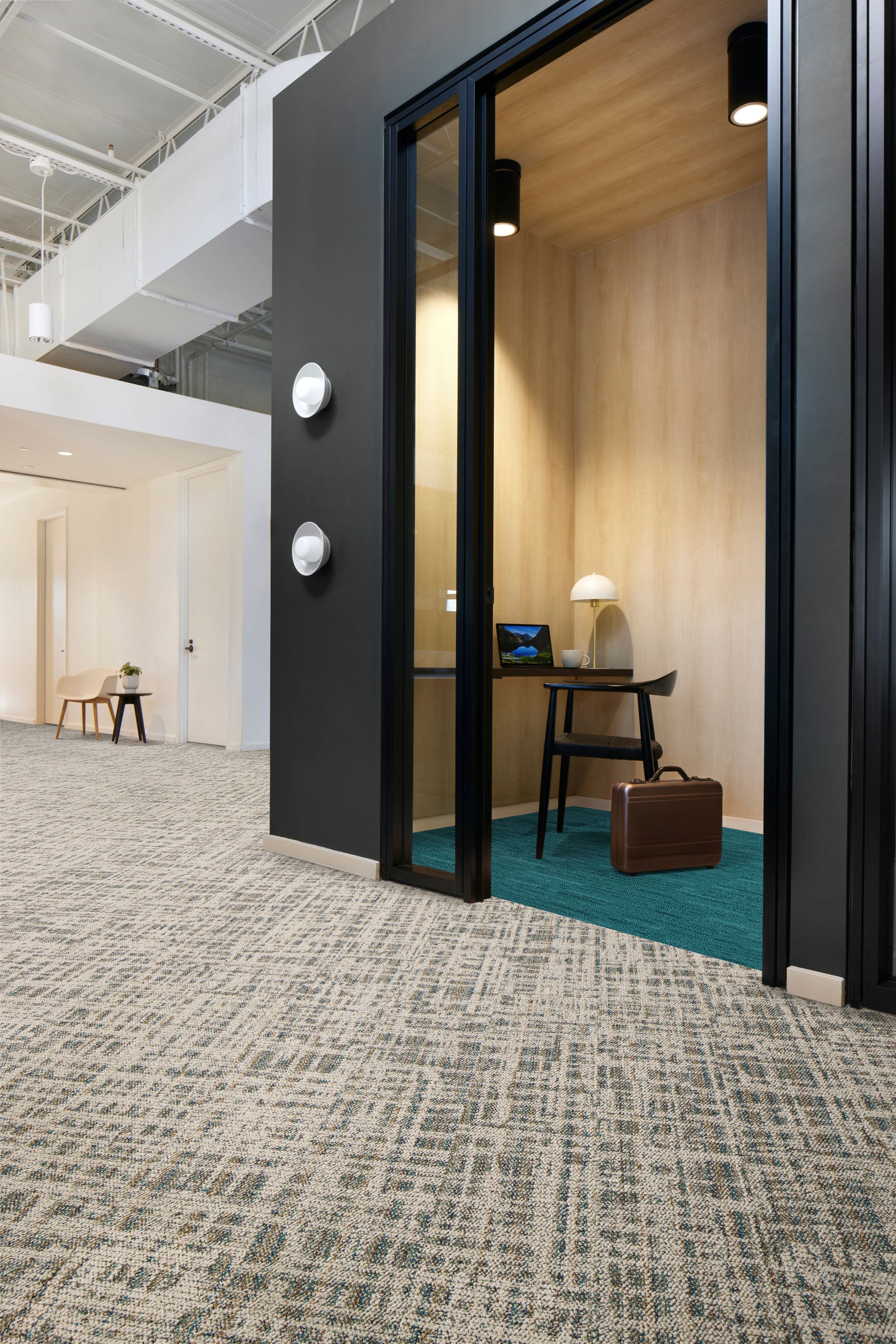 Interface Deckled plank carpet tile in corridor with WG100 carpet tile in  private workspace image number 2
