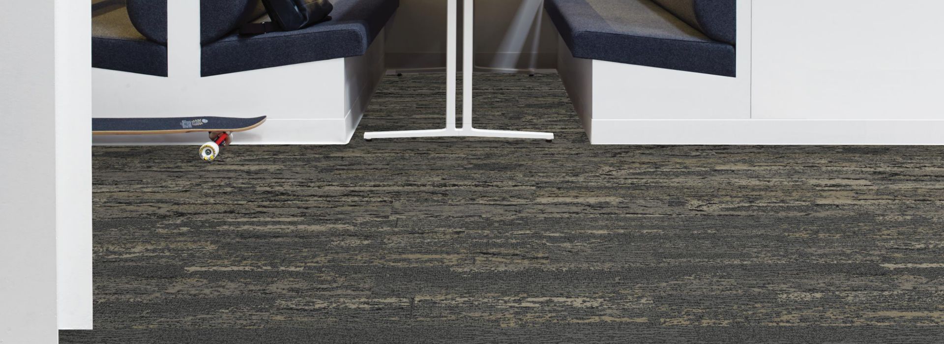 Interface Deeply Rooted, Uprooted and Velvet Bark plank carpet tile with booth seating