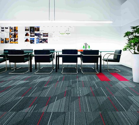 Interface CT111 and On Line plank carpet tile with Detours carpet tile in meeting room