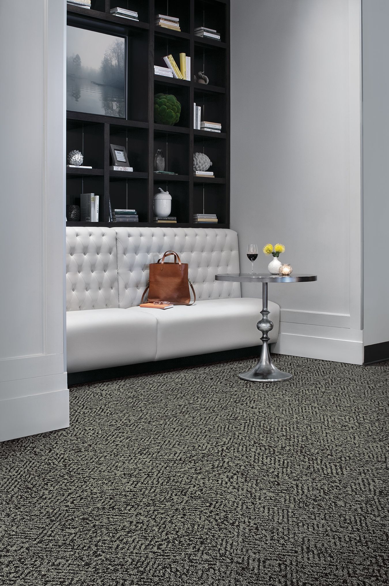 Interface Diamond Dream plank carpet tile in small seating area with couch and glass table imagen número 5