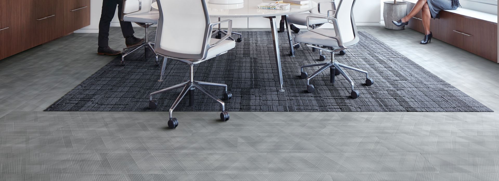 Interface Drawn Lines plank LVT with Stitch Count plank carpet tile in workplace meeting room 