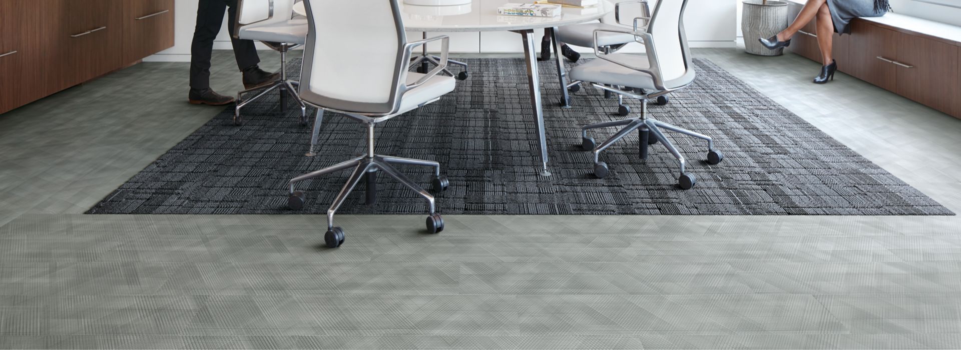 Interface Drawn Lines LVT and Stitch Count plank carpet tile in conference room 