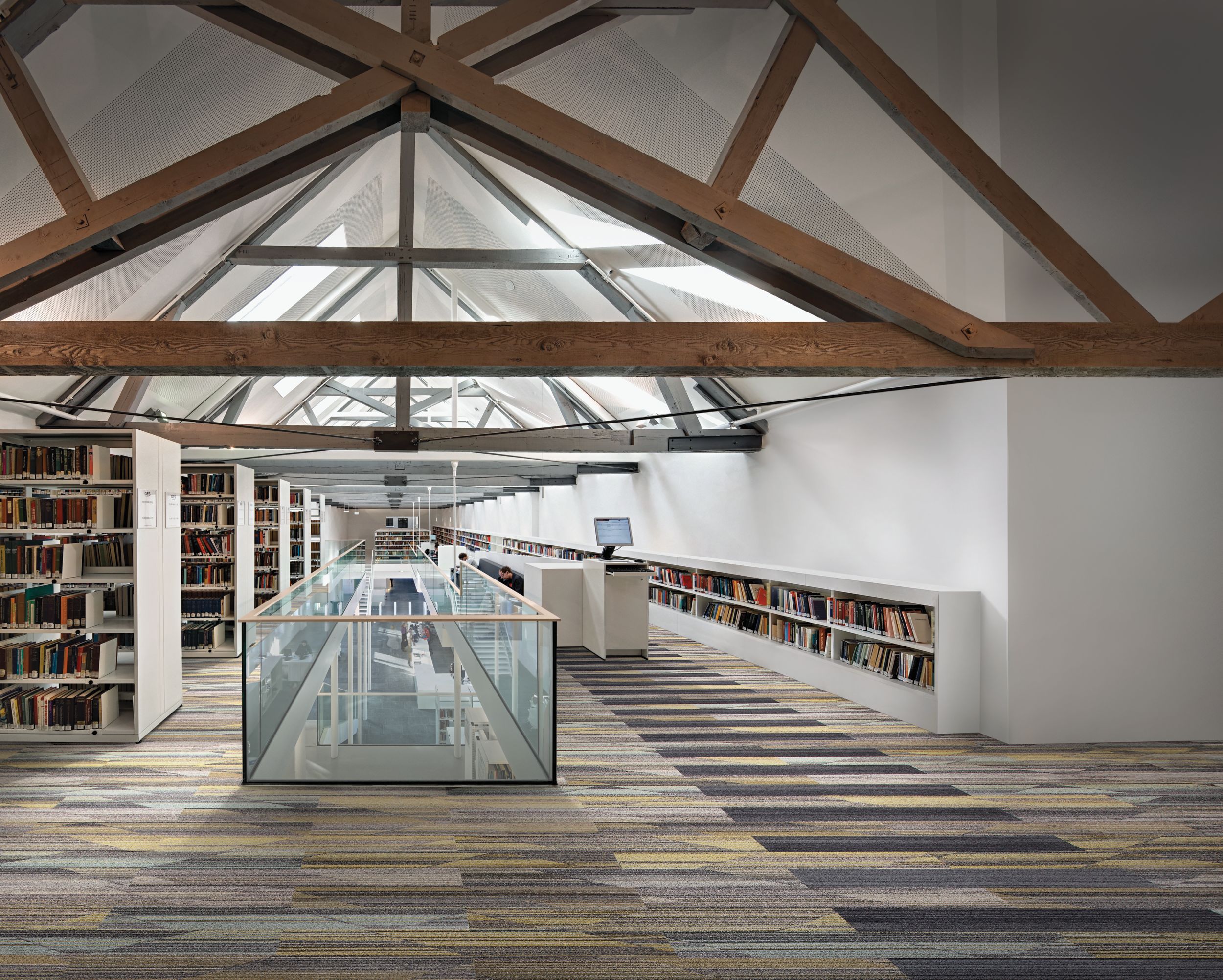 Interface Driftwood and Shiver Me Timbers plank carpet tile in upstairs area of library image number 6