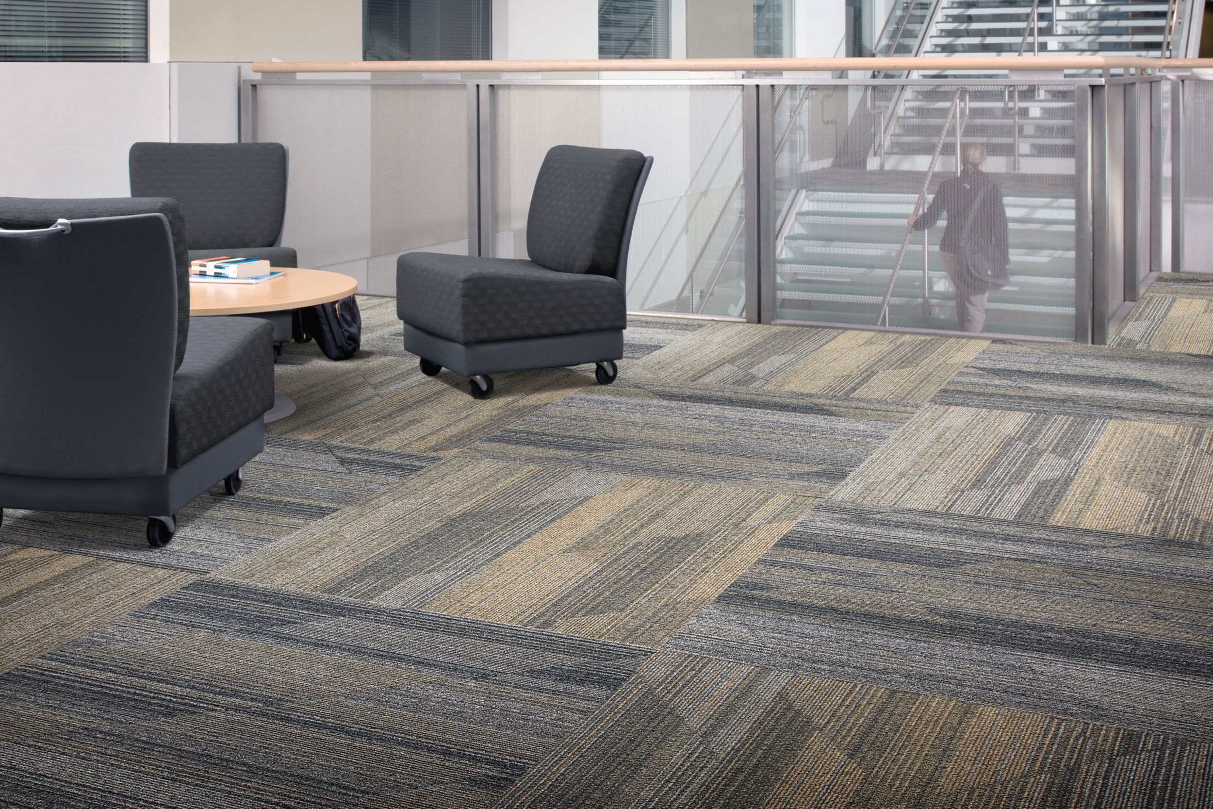 Interface Driftwood plank carpet tile in seating area with three chairs surrounding a table image number 3