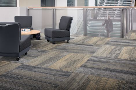 Interface Driftwood plank carpet tile in seating area with three chairs surrounding a table image number 3