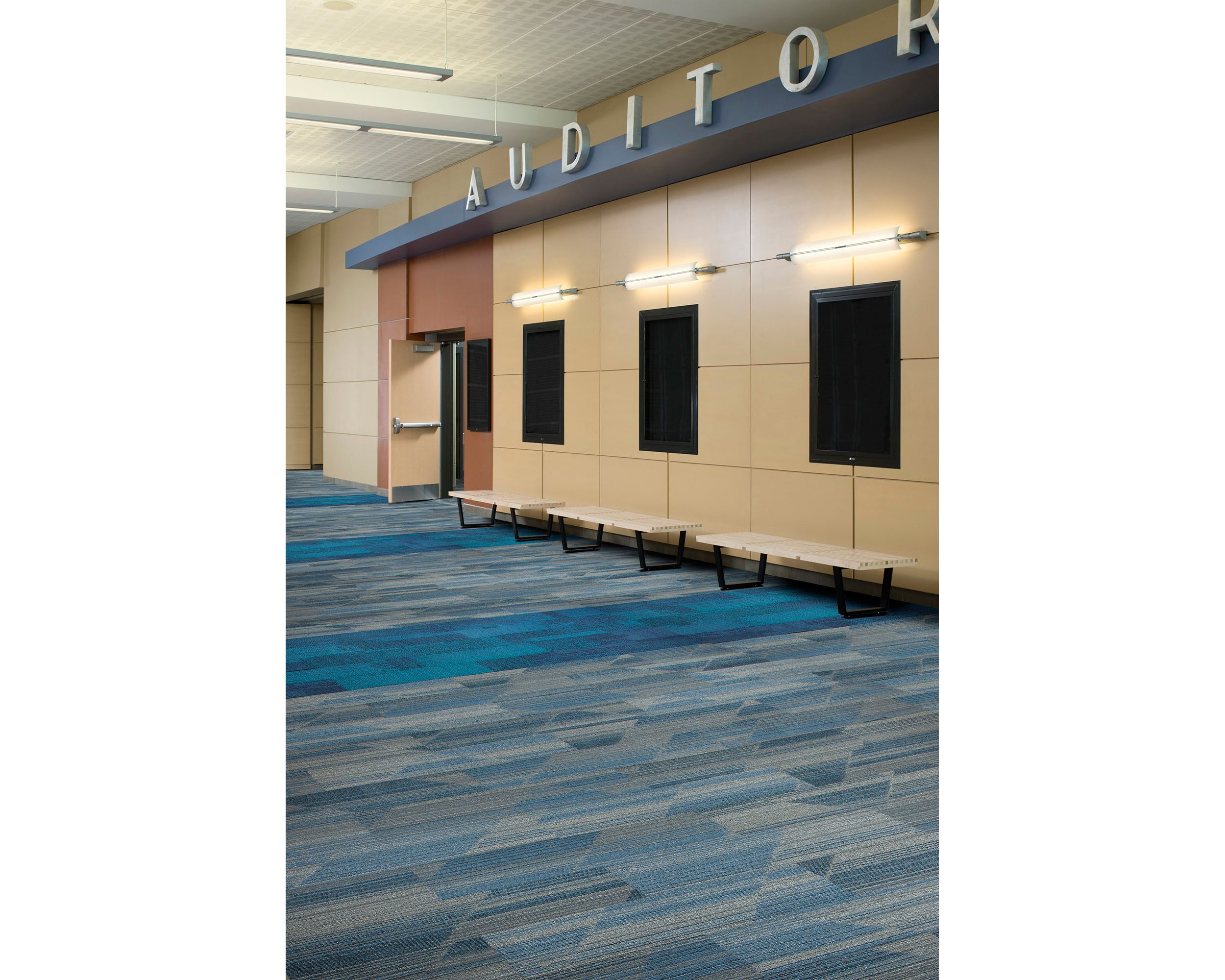 Interface Driftwood and Verticals plank carpet tile in outer lobby of school auditorium  imagen número 7