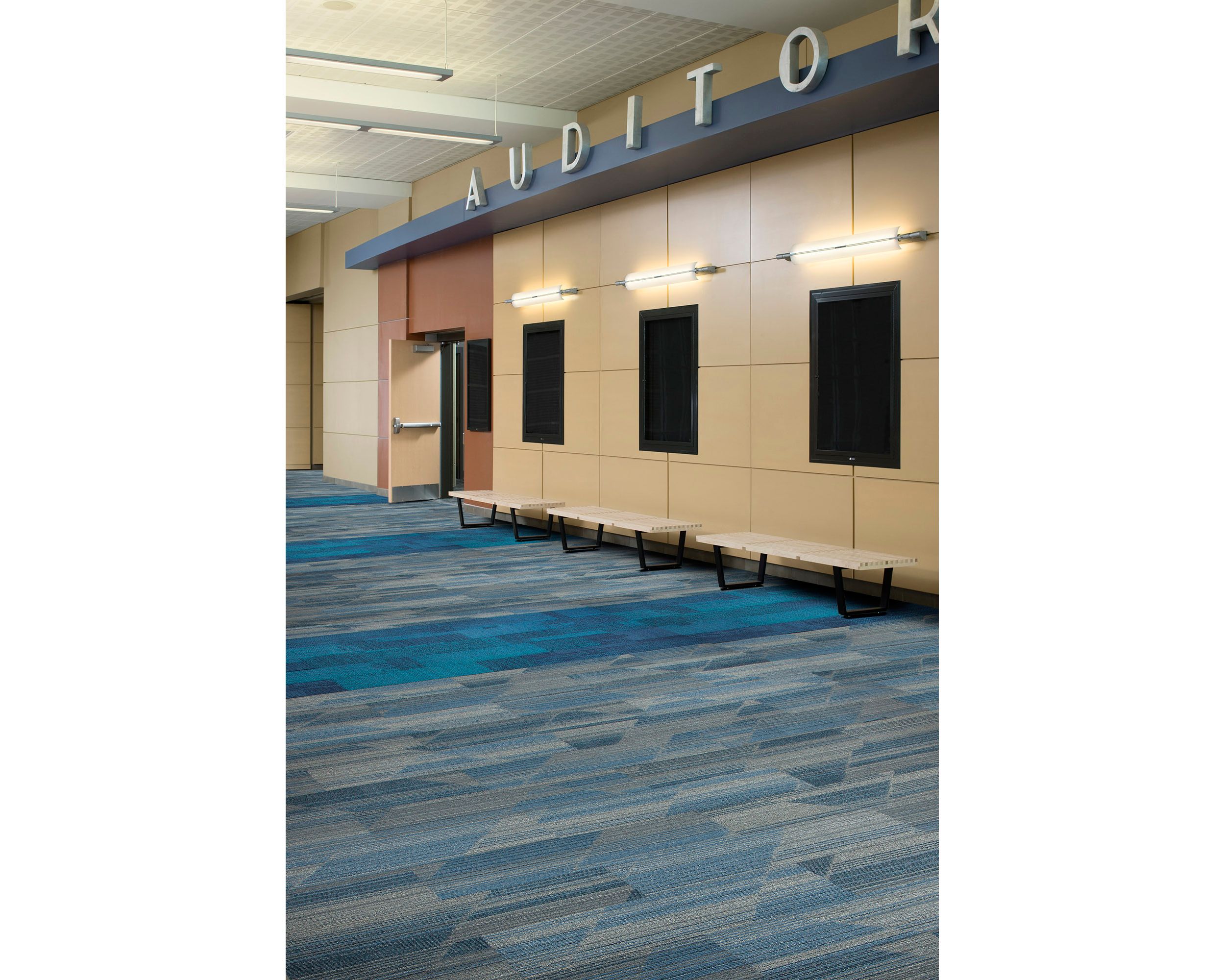 Interface Driftwood and Verticals plank carpet tile in outer lobby of school auditorium  image number 7