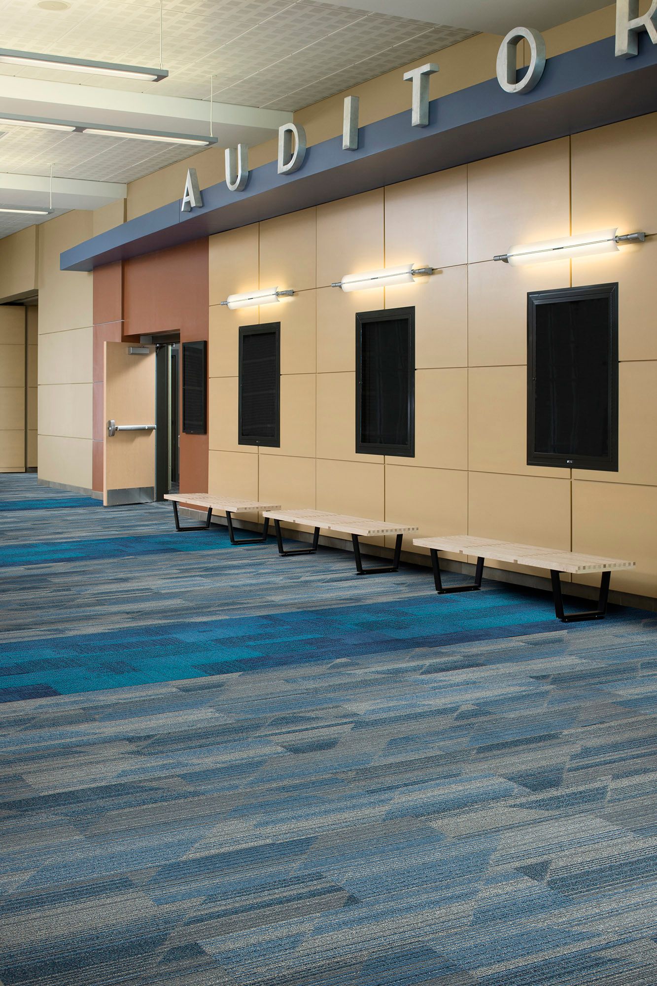 Interface Driftwood and Verticals plank carpet tile in outer lobby of school auditorium  imagen número 7