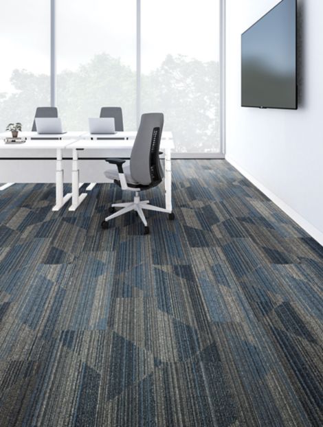 Interface Driftwood plank carpet tile in meeting room with glass walls